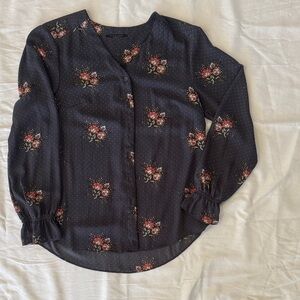 T Tahari Navy Floral Button-Down Blouse with Pink Roses